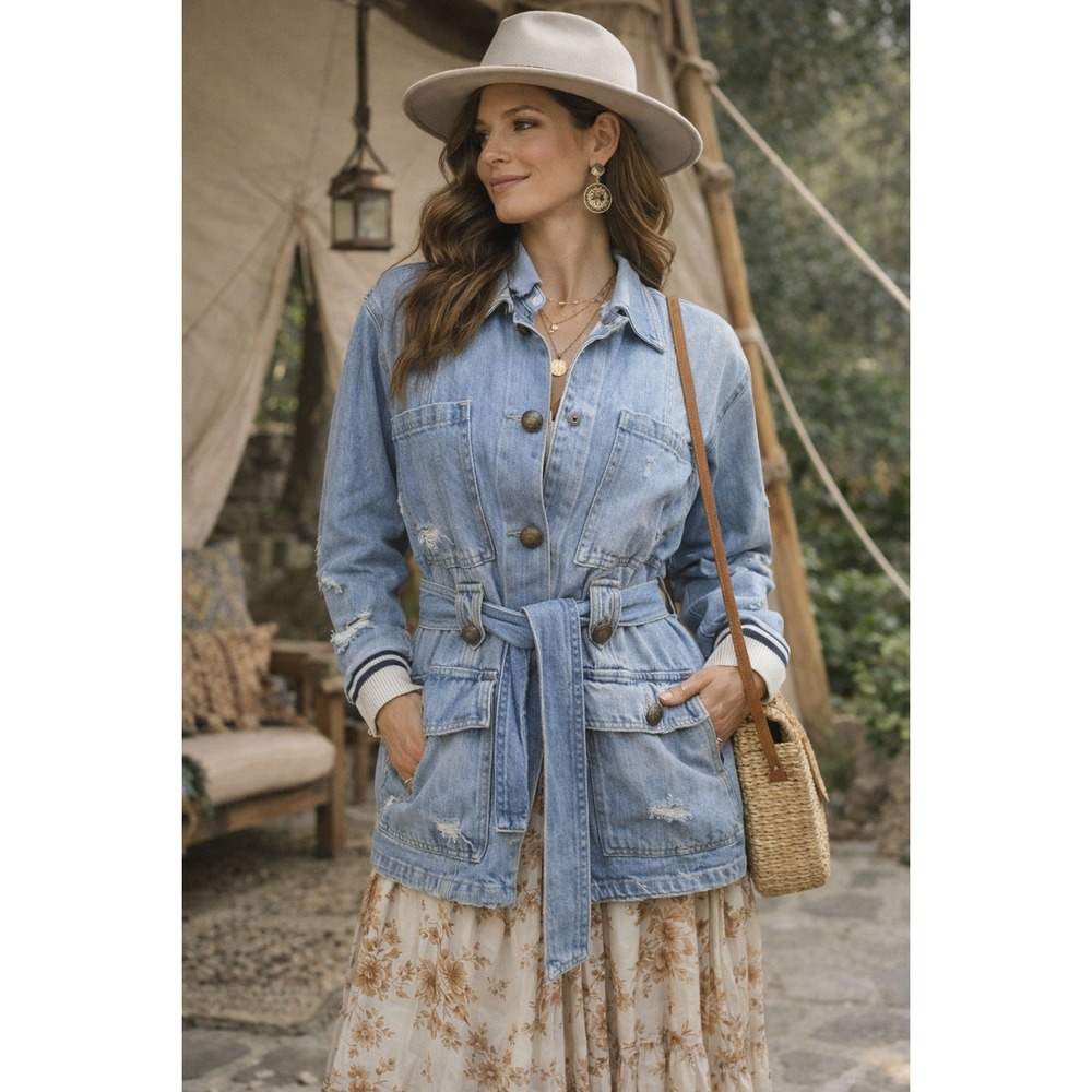 intage Distressed Denim‎ Utility Jacket Belted Safari Workwear Boho Chic